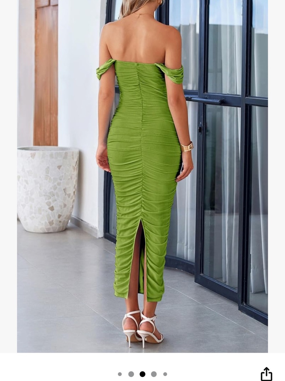 Strapless Ruched Midi Dress in Olive Green - Picture 2 of 3